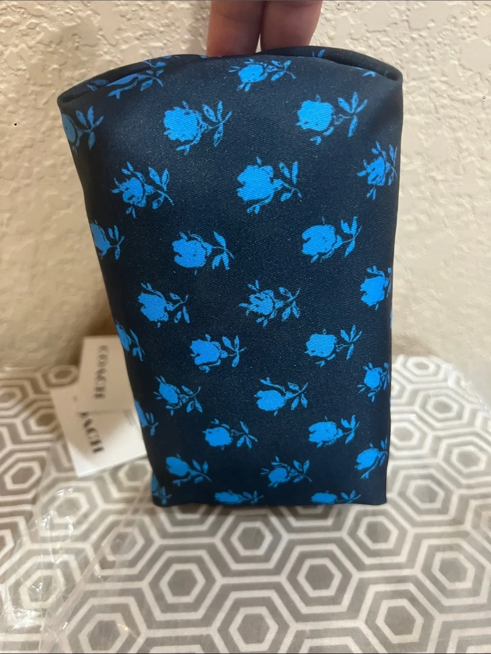 Coach Navy Cosmetic Pouch with Bright Blue Rose Print